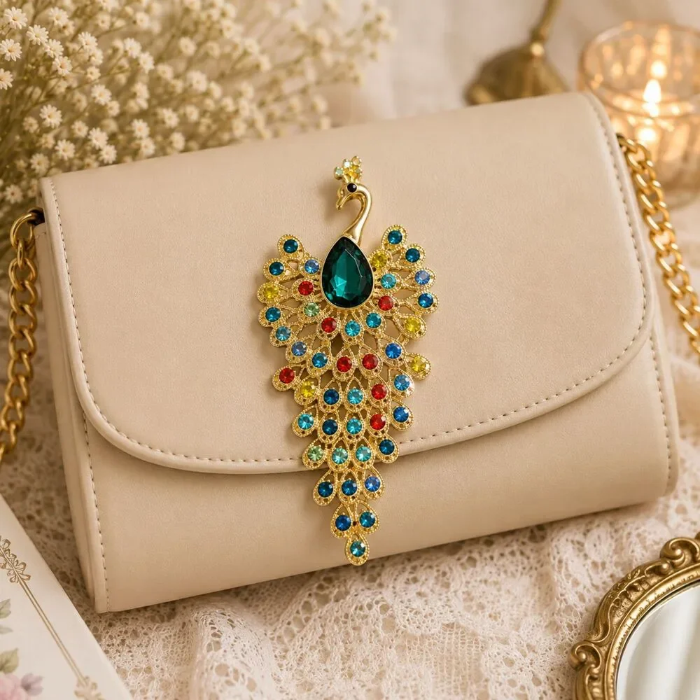 Colorful Rhinestone Peacock Brooch, Gold Tone, Maximalist Statement Bird Pin